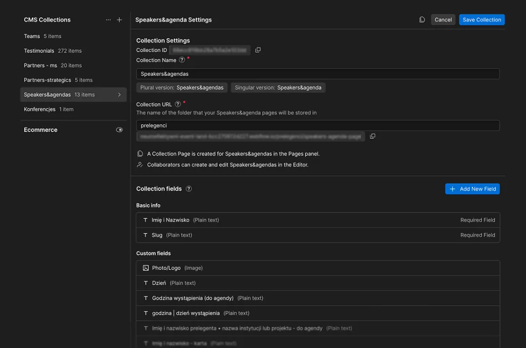 CMS Collection settings panel for "Speakers & Agendas," featuring input fields for first name, last name, photo, date, and session times.