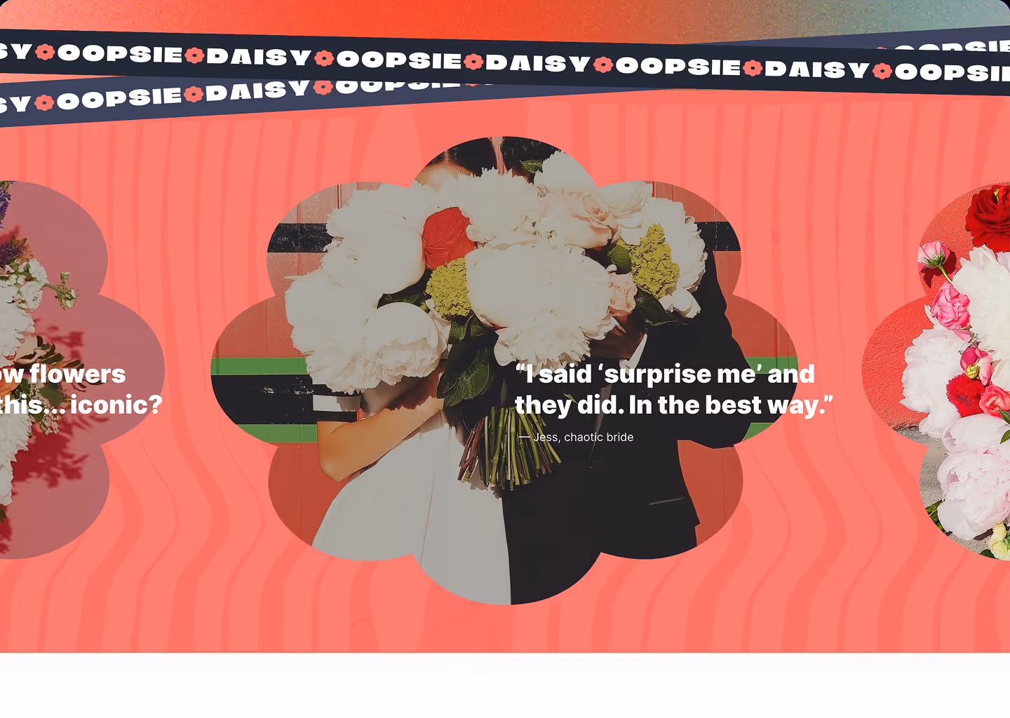 Bride and groom holding a large bouquet of white and red flowers, with quote: 'I said surprise me and they did. In the best way.'