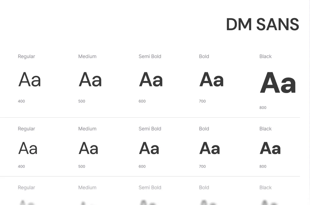 Próbki kroju pisma DM Sans w różnych grubościach: Regular 400, Medium 500, Semi Bold 600, Bold 700, Black 800.