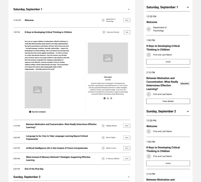 Event schedule for Saturday, September 1, and Sunday, September 2, listing sessions with titles, times, speaker names, and brief descriptions, plus a section showing detailed view of a session on critical thinking in children with placeholders for speaker image and additional info.