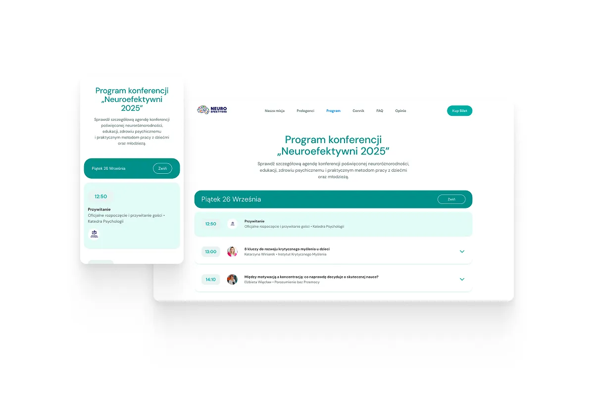 Neuroefektywni 2025 conference program for September 26th, featuring the opening remarks and sessions on developing critical thinking in children, motivation, and concentration in learning.