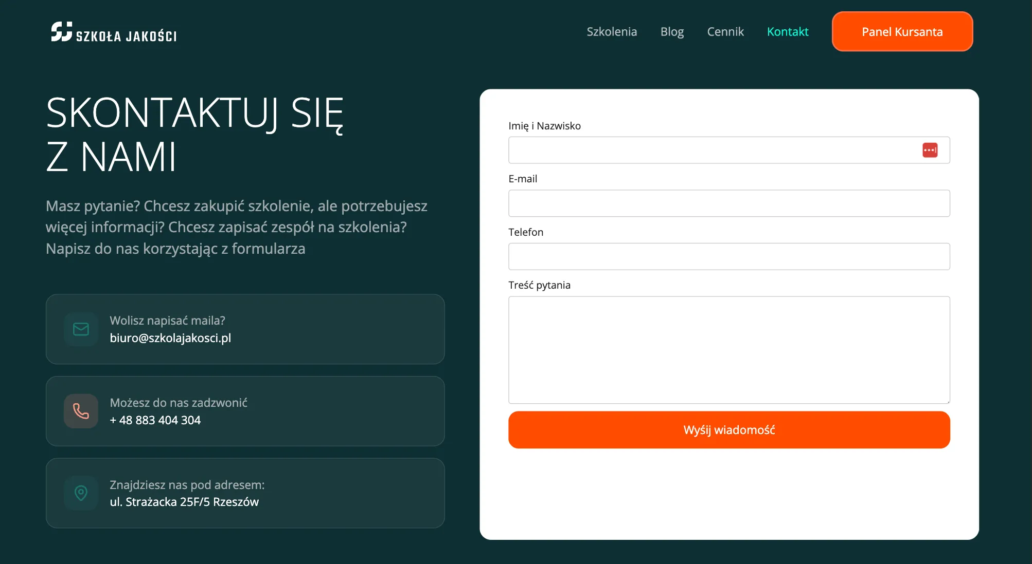 Contact view with a integrated form for user inquiries (name, surname, email, phone, message) and a sidebar with company contact info and a CTA.