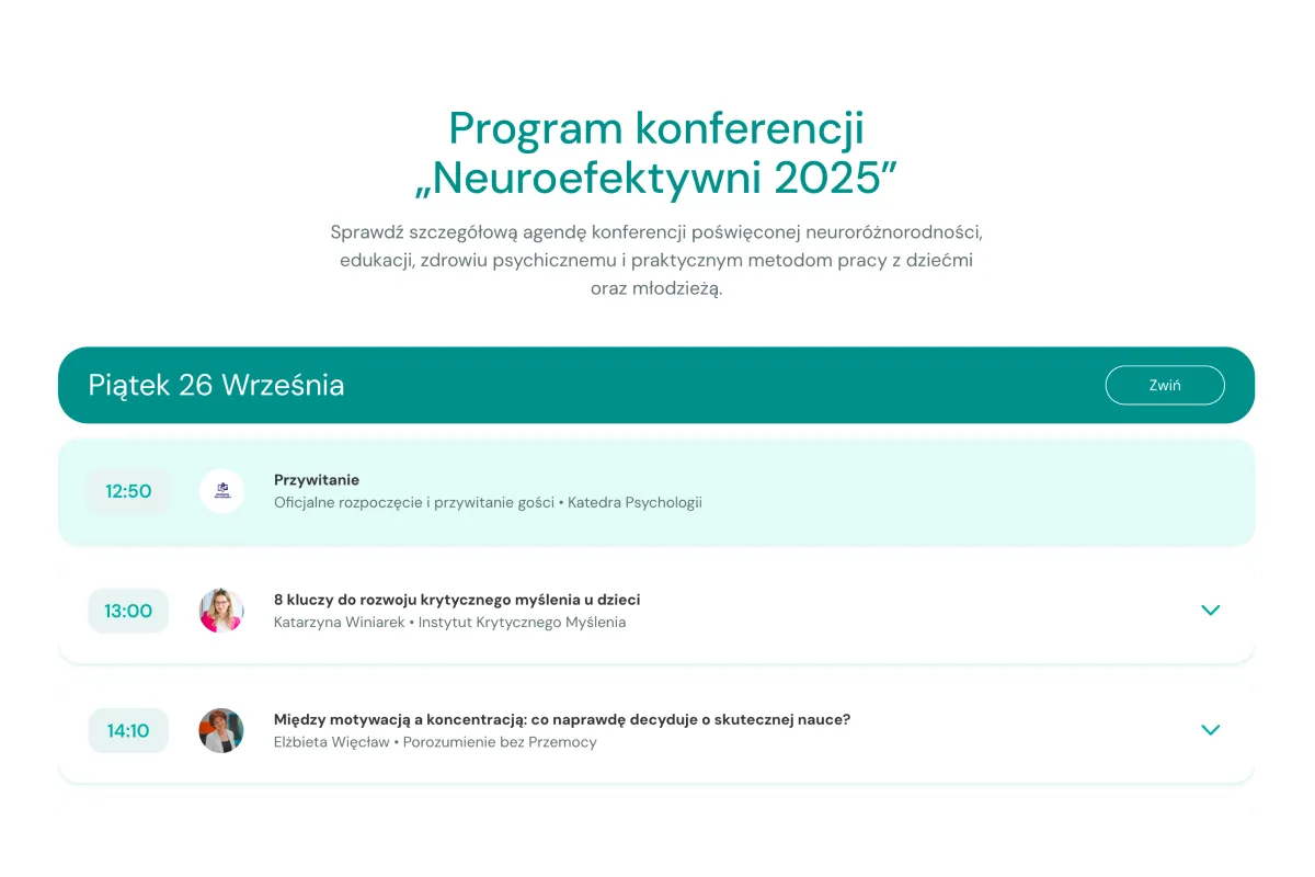 Neuroefektywni 2025 conference program, featuring the Friday, September 26th schedule with three sessions at 12:50 PM, 1:00 PM, and 2:10 PM, including speaker names and lecture topics.