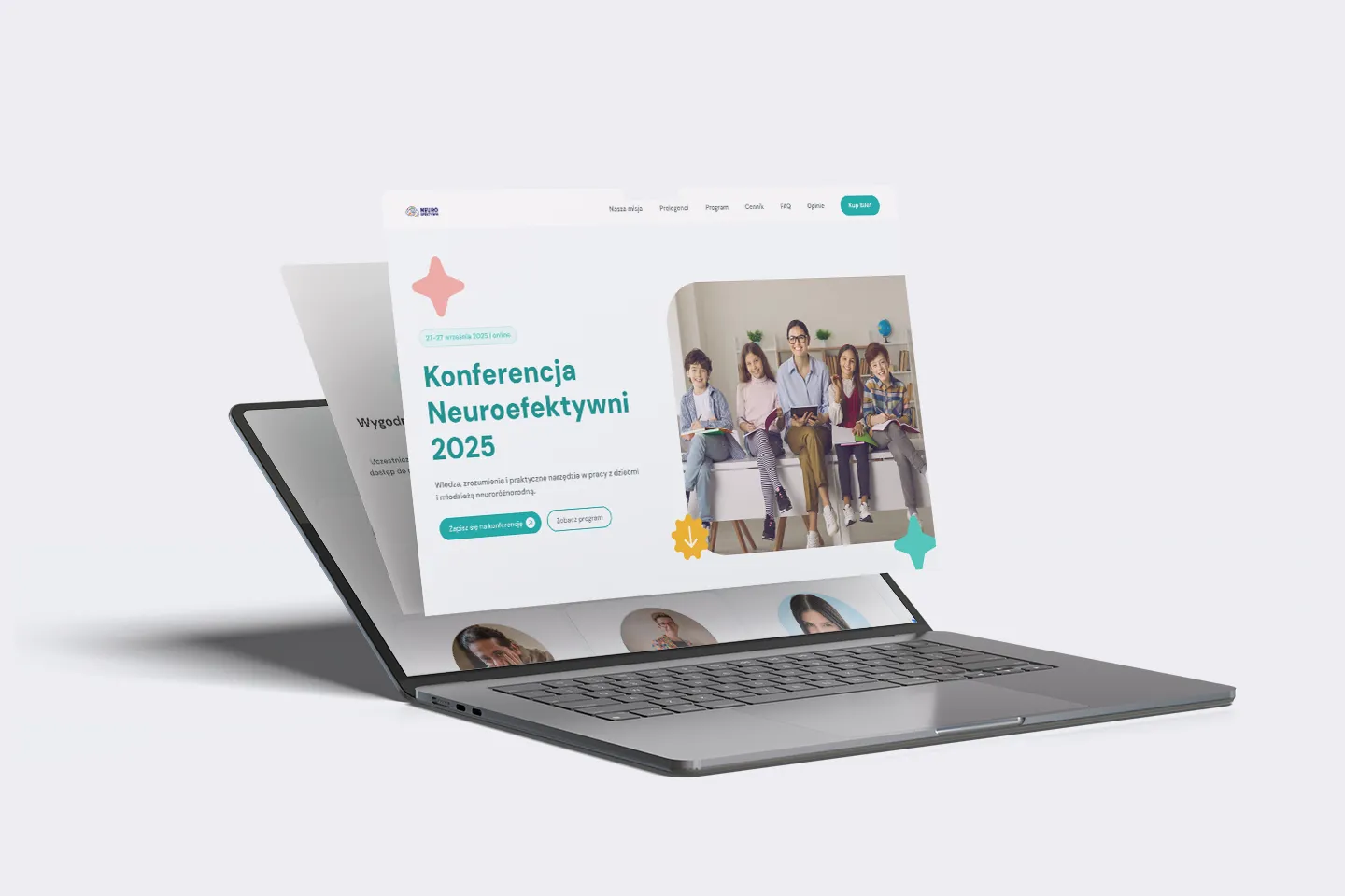 Opened laptop displaying a floating webpage about the Neuroeffective 2025 Conference with a group of five people sitting and smiling.