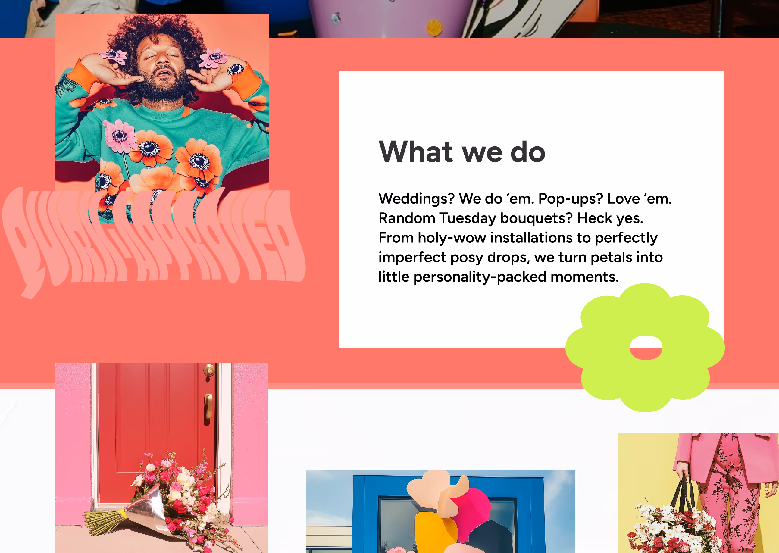 Collage showing a person with flowers on clothing, bouquet in front of a red door, colorful flower installation, and a person holding a flower-filled bag with text about floral services.